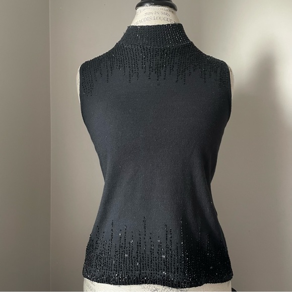 Angora rabbit cotton black beaded sleeveless mock neck sweater tank top - Picture 1 of 7